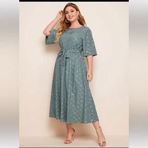 Shein Gray/Blue Empire Waist Dress with Gold Metallic Accents